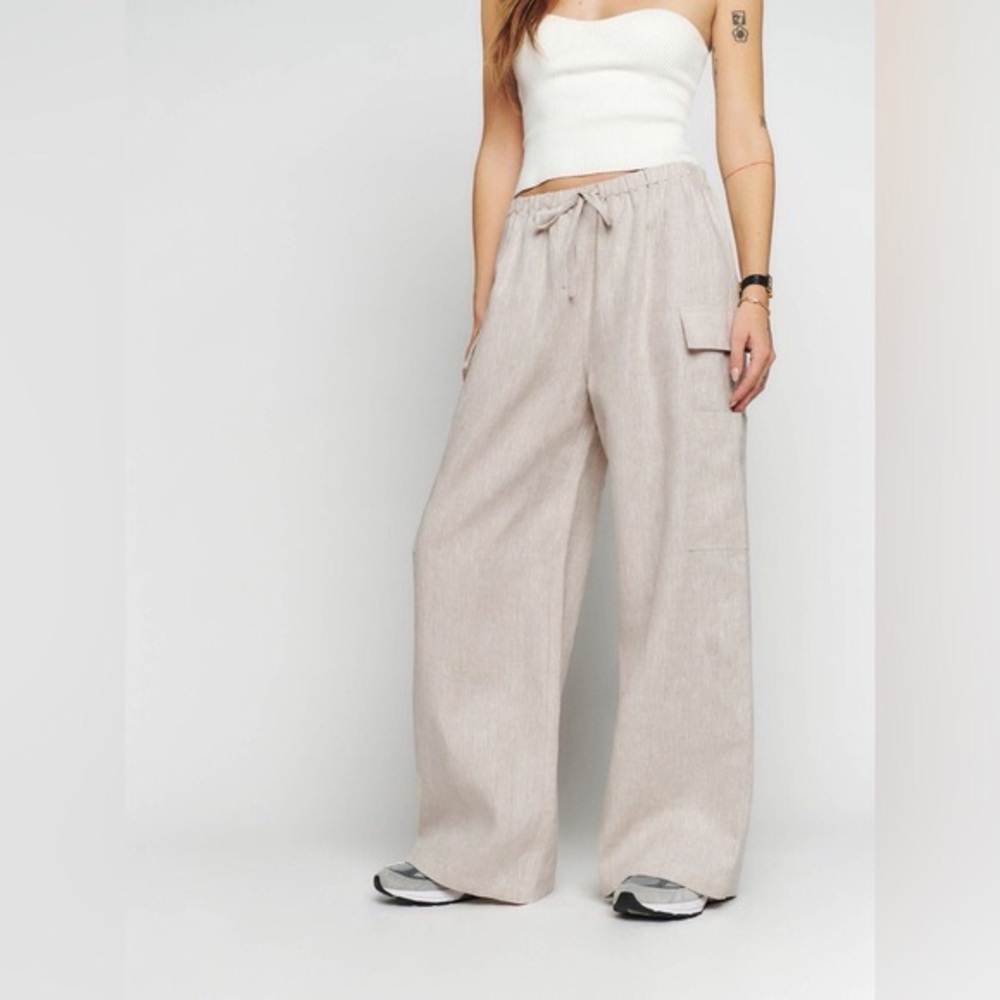 NWT Reformation Ethan 100% Linen Wide Leg Cargo Pants in Oatmeal Beige, size S